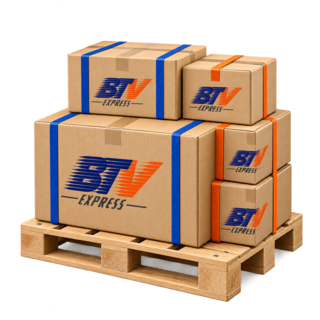 Paket di atas palet berlogo Batavia Express