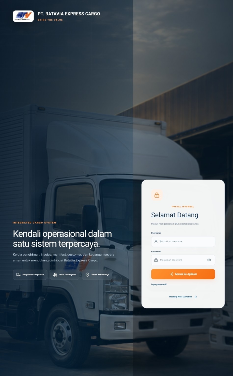 Tampilan portal sistem operasional Batavia Express