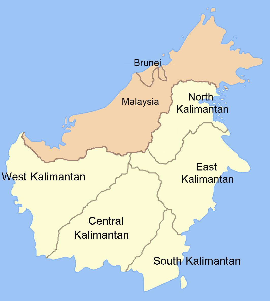 Peta Pulau Kalimantan dengan wilayah Kalimantan Tengah dan Kalimantan Selatan
